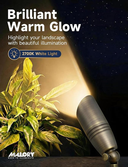 MALORY Brass Landscape Spotlights 1-Pack with MR16 Bulb(S02), 12V Low Voltage Landscape Lighting LED Outdoor Spot Uplights for House and Tree,PVC Ground Stake and Wire Connector Included, 5W 2700K