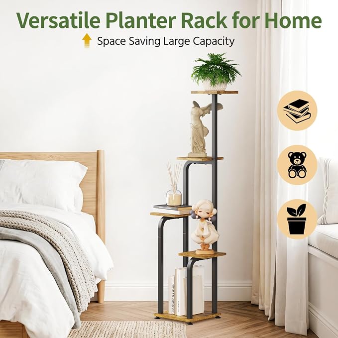 LASZOLA 5 Tiered Plant Stand Tall for Indoor Corner, Modern Multiple Flower Display Rack with Wooden Tray, Vertical Planter Shelf for Living Room Bedroom Patio Garden Balcony, Black Brown