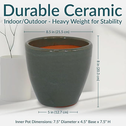 Sunnydaze Resort Round Ceramic Planter - Set of 2 Indoor or Outdoor Plant Pots with Drainage Hole - 8" - Gray Glaze