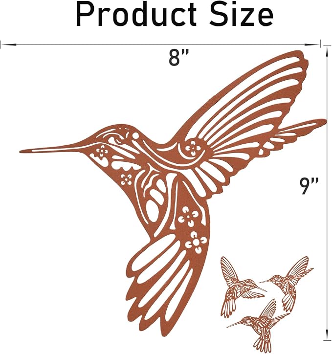 QZGXDECO Rust Metal Hummingbird Outdoor Wall Art Decor 9.5-Inch Rustic Garden-Style Indoor/Outdoor Decorative Iron Bird Wall Sculpture for Fence Patio Yard Bedroom Bathroom Farmhouse