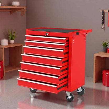 Tool Chest, 7-Drawers Rolling Tool Box with Rotate Handle & Wheels, Lockable Multifunctional Tool Cart, Suitable for Garages, Warehouses, Repair Shops, Capacity 450lbs, Black