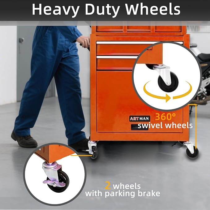 8-Drawer Tool Chest, Detachable Top Box for Garage,Orange | Rolling Mobile Storage Cabinet Organizer with Lockable Wheels for Workshop Utility, Heavy Duty Metal Construction