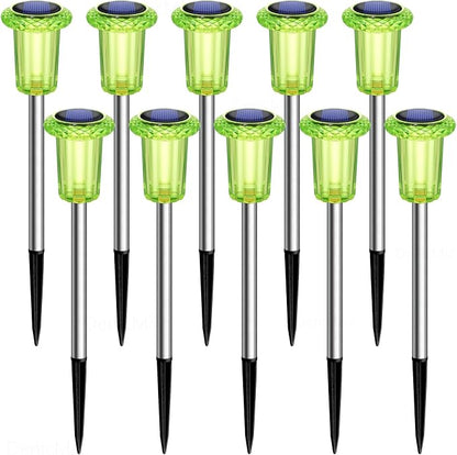 DenicMic Solar Halloween Lights Outdoor 10 Pack Green LED Halloween Decor | Yard Garden Pathway Walkway Patio Lawn, Spike Style Starburst Pattern, Acrylic/Stainless Steel Halloween Decorations Outdoor