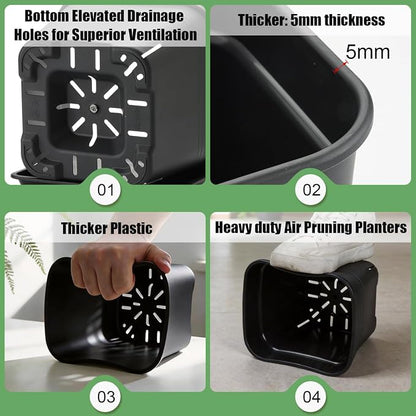 BTPLASTIK 10 Inch Square Planters with Saucers 5 Pack, Heavy Duty Black Plant Pots, Air Pruning & Super Ventilation, Anti-Crack Garden Pots for Indoor Outdoor Orchids Vegetables Trees