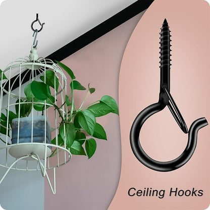 Black Screw Hooks with Safety Lock 2.3" Rustproof Metal Ceiling Hooks for Hanging Plants, Baskets,String Lights & Outdoor Decor, 40LB Capacity (50, Black)
