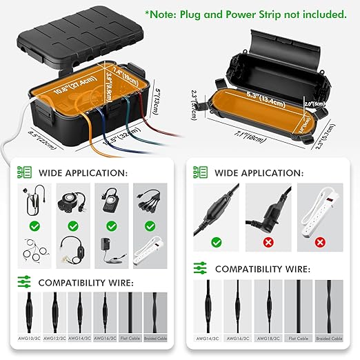 RESTMO 5-Piece Outdoor Waterproof Electrical Box Set – 12.5" x 8.5" x 5" Large & 7.1" x 2.3" x 2.3" Small, Weatherproof Boxes for Power Strip, Outlet, Plug, Socket, Timer, Holiday Light, Black
