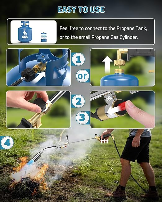 PAULINN Propane Torch Weed Burner, High Output 340,000 BTU Flamethrower with QCC 12 FT Hose, Compatible with 1 lb Propane cylinders and Any Standard 5–100 lb Tanks, Self-Ignite & Dual Flame Control