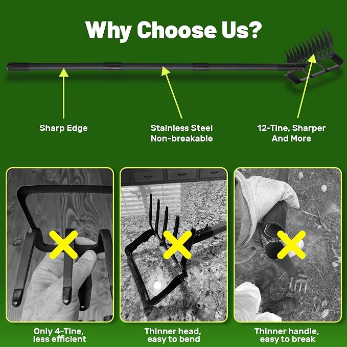 Weed Puller Tool with 76" Long Handle, 2 in 1 Hula Garden Hoe Tool, 12 Tines Garden Weeders Rake and Cultivators Tillers for Gardening, Weeding, Seeding, Ditching, Loosening