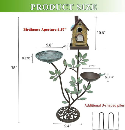 HLQMFHT 38" H Cast Iron Pedestal Bird Baths for Outdoors,3 in 1 Metal Bird Bath Bowl with Bird Houses and Bird Feeder,Garden Yard Decor