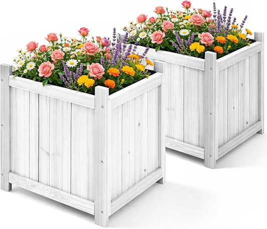 2-Pack 16" White Fir Wood Square Planter Boxes with Drainage Holes | Set of 2 whitewashed fir wood planters with removable bases, liners, and drainage holes for porch, patio, or garden