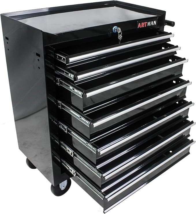 Tool Chest with 7-Drawer Tool Box Organizers and Storage,Rolling Multifunctional Tool Cart on Wheels,Tool Storage Organizer Cabinets with Key Locking for Garage, Warehouse, Repair Shop. (Black)