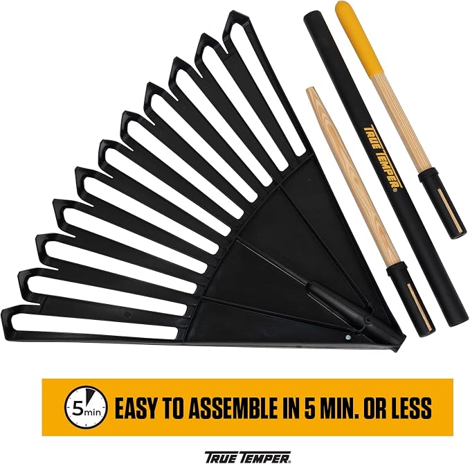 True Temper 20212010 Clog Free Leaf Rake with Hardwood/Steel Handle, 24 in. for Leaves, Grass, Clippings, Twigs, Pine Needles, Acorns, Debris, Black
