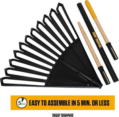 True Temper 20212010 Clog Free Leaf Rake with Hardwood/Steel Handle, 24 in. for Leaves, Grass, Clippings, Twigs, Pine Needles, Acorns, Debris, Black