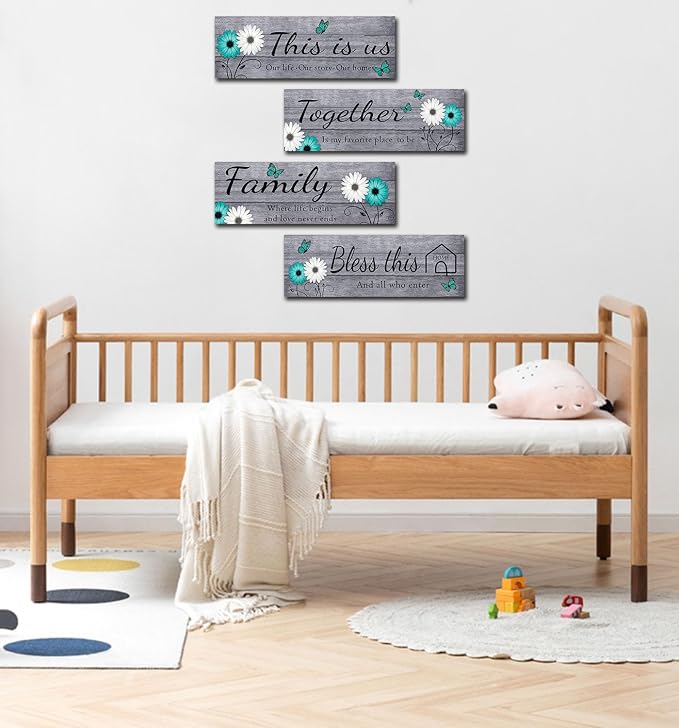 Joyhawk 4 Pcs Farmhouse Wall Decor with Teal Butterflies & Daisies, Rustic Wooden Signs Set (This is Us, Together, Family, Bless This Home), Grey Floral Wall Art for Living Room Bedroom, Housewarming Gift, 4.7" x 13.8"