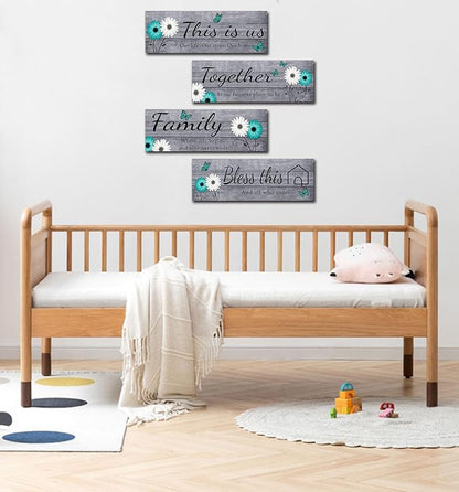 Joyhawk 4 Pcs Farmhouse Wall Decor with Teal Butterflies & Daisies, Rustic Wooden Signs Set (This is Us, Together, Family, Bless This Home), Grey Floral Wall Art for Living Room Bedroom, Housewarming Gift, 4.7" x 13.8"