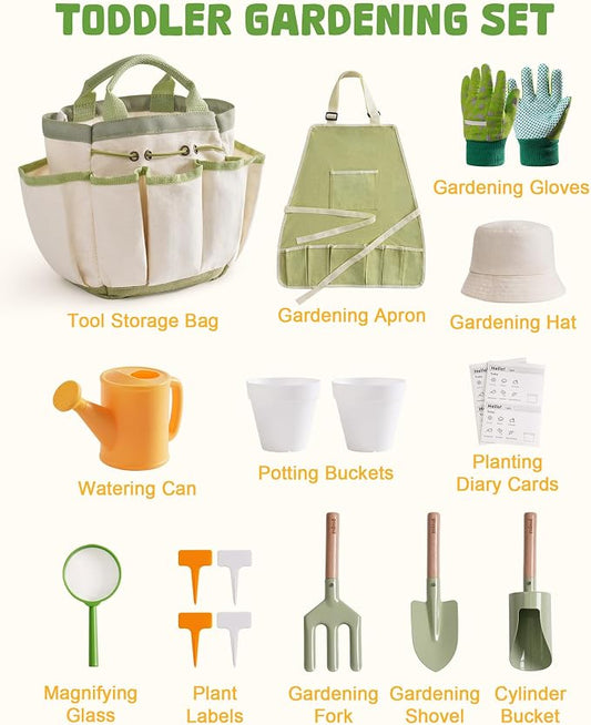 ROBUD Kid Gardening Set, Wooden Garden Tool for Kid, Garden Tool Kit with Tool Storage Bag, Apron, Gloves, Montessori Toys for Kids to be Closed to Nature, WRP25