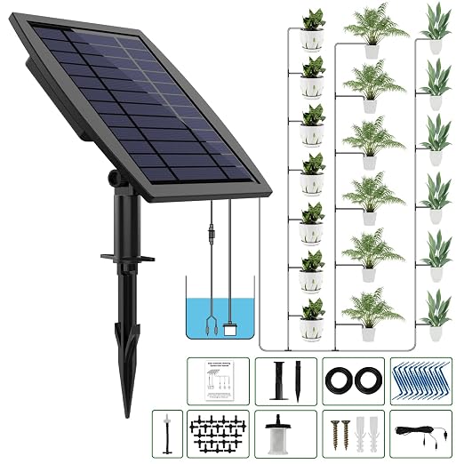 Solar Automatic Drip Irrigation Kit System, JIYANG Solar Powered Auto Easy DIY Watering Device Supported Pots Plants, 12 Timing Modes with Anti-Siphoning Device (Supported 20-30 Pots, 12Timing Modes)