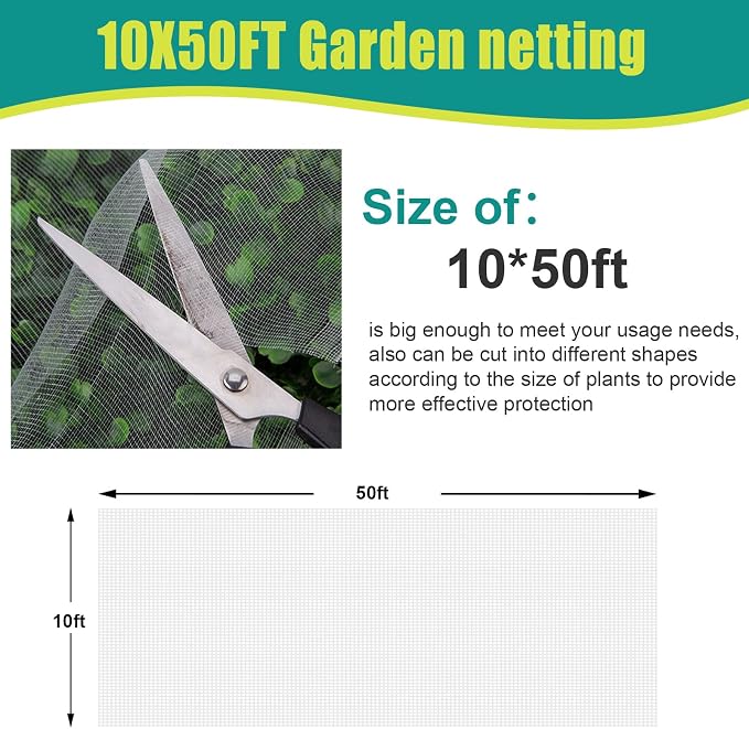 SPORTYOUTH 10x50Ft Garden Netting Ultra Fine Mesh Bird Net for Raised Beds | Insect Mosquito Bugs Barrier, Easy Cut Large Reusable Row Cover for Fruit Trees Plants Vegetable Berry Bush Patio Protection