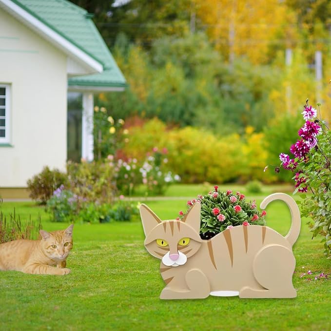 Yellow Cat Planter Pots, 12.5 x 5.6 x 7.8 Inches | Cat Flower Pot, Cute Animal Shaped Plant Pot, Gifts for Women & Pet Lovers, Indoor Outdoor Garden Home Office Decor