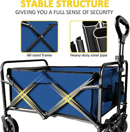 Garden Cart Folding Wagon with Small Wheel, Collapsible Outdoor Wagon Cart Heavy Duty with Universal Wheels & Adjustable Handle, Utility Grocery Wagon for Camping Shopping, Sports - Navy Blue