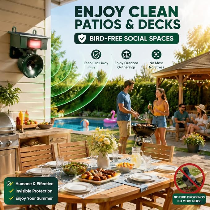 2026 Solar Ultrasonic Bird Repellent Devices Outdoor,Best Bird Deterrent for Pool,Pigeon Repellent for Balcony,Keep Crows Sparrows Starlings Out of Fruit Trees,Swimming Pool,Patio,Roof