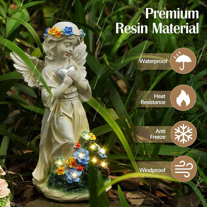 Angel Garden Statue 2Pcs,Love Heart Solar Garden Decor with Warm Light,Waterproof Praying Angel Statue with Flowers,Outdoor Garden Decor Sculpture for Lawn Yard Patio Garden Present,Apricot