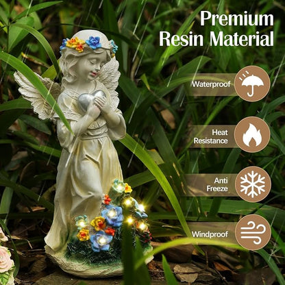 Angel Garden Statue 2Pcs,Love Heart Solar Garden Decor with Warm Light,Waterproof Praying Angel Statue with Flowers,Outdoor Garden Decor Sculpture for Lawn Yard Patio Garden Present,Apricot