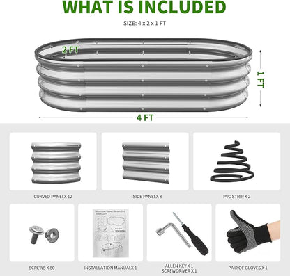 Planter Raised Beds Metal Kit, 4×2×1ft 2 Pack for Outdoor Planter Boxes with Easy Assembly,Oval Large Galvanized Garden Beds for Vegetables, Fruits, Flower Silver