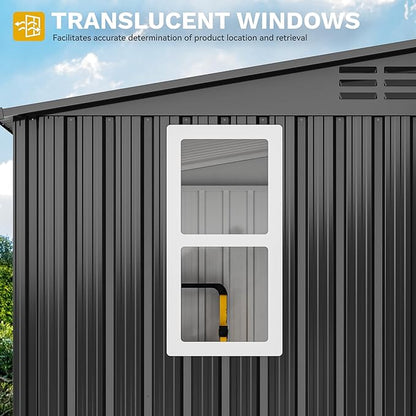 DWVO 9' x 4' Outdoor Storage Shed with Windows, Lockable Double Doors, Sloped Roof, Heavy-Duty Steel Shed for Garden & Patio, Large Backyard Tool Organizer, Dark Gray
