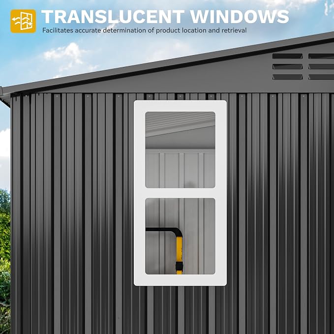 DWVO 9x4ft Large Tool Storage Shed with Window, Lockable Doors, and Sloped Roof, Oversized Steel Outdoor Storage Shed for Garden, Patio, Garage, Backyard, Lawn - Dark Gray