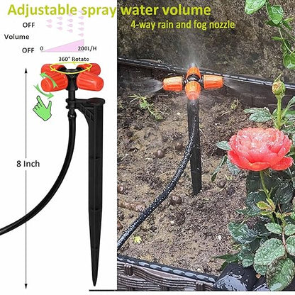Drip Irrigation Kit Automatic Watering System with Water Timer 64FT 1/4 Tubing and 12 Rain Spray Watering Nozzles in 4 Directions for Potted Plants Yard Lawn Juvenile Plants Greenhouse Mist