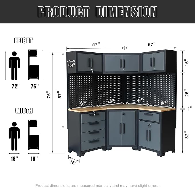 Garage Storage Cabinet System 8-Pcs Garage Cabinets and Storage System Corner Workshop Set with Corner Cabinet, Cabinet Drawers, Workbench, Pegboard for Tool Organization, Black and Grey