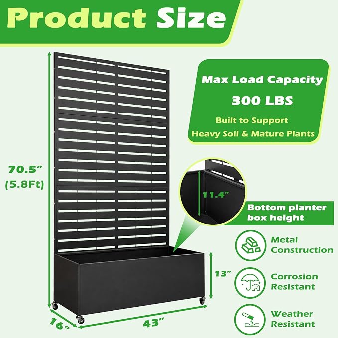 Metal Planter Box with Trellis, 43” L x 16” W x 71” H Raised Garden Bed with Wheels, Privacy Planters for Patio, Metal Planter Box with Drainage Holes, Black