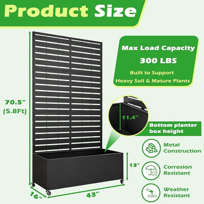 Metal Planter Box with Trellis, 43” L x 16” W x 71” H Raised Garden Bed with Wheels, Privacy Planters for Patio, Metal Planter Box with Drainage Holes, Black