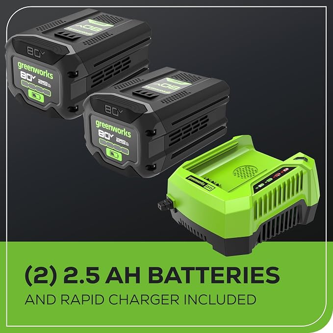 Greenworks 80V (700 CFM) Brushless Cordless Leaf Blower, (2) 2.5Ah Batteries and 45 Minute Rapid Charger