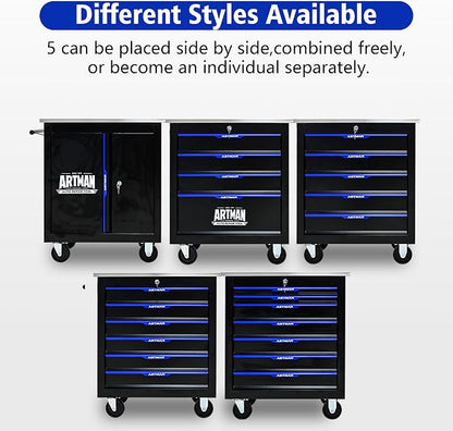 6-Drawer Rolling Tool Chest, Lockable Stainless Top for Garage, Black&Blue | Heavy Duty Modular Roll Around Tool Cabinet with Drawers for Workshop and Tool Box Storage