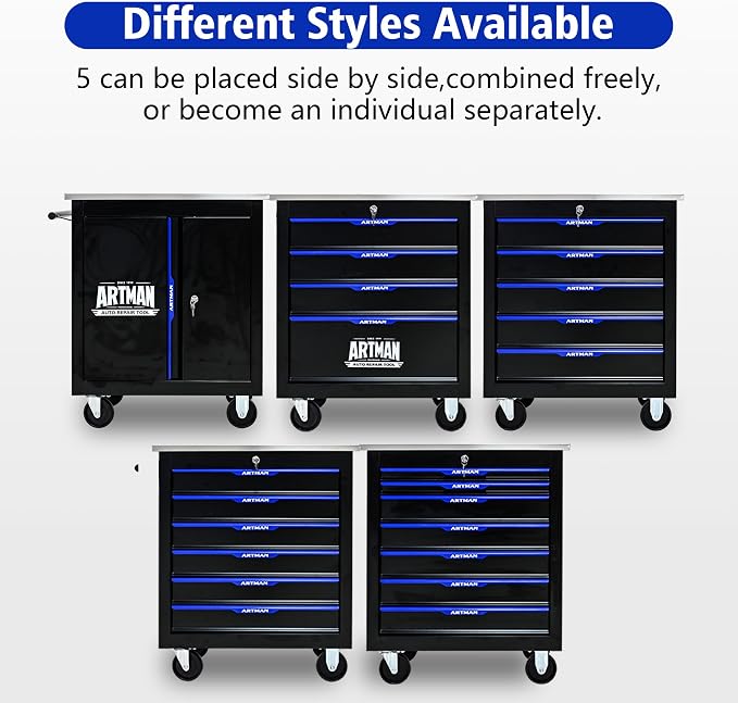 4-Drawer Rolling Tool Chest, Lockable Stainless Top for Garage, Black&Blue | Heavy Duty Modular Roll Around Tool Cabinet with Drawers for Workshop and Tool Box Storage