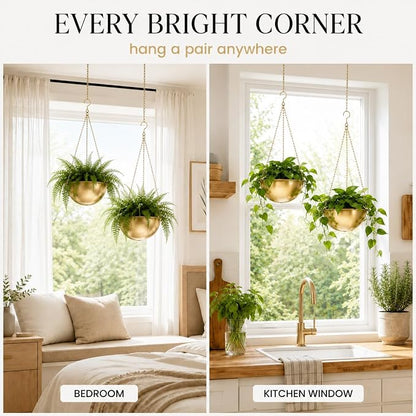 AceList Gold Hanging Planter for Indoor Plants, Set of 2-9.8 Inch Boho Metal Plant Hanger with Hooks & Chain, Brass Finish Hanging Plant Holder for Window, Ceiling & Living Room Decor