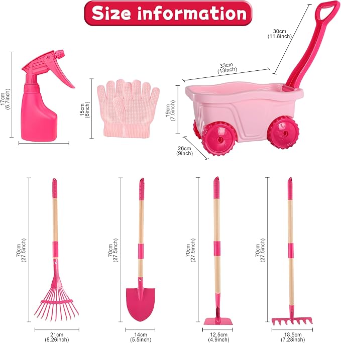 Kids Gardening Tools Set – 7pcs Wheelbarrow Set with Shovel, Rake, Pink | Shovel, Rake, Lawn Digging & Weeding, Summer Outdoor Yard Toy for Age 2 3+, Easter & Birthday Gift for Boys Girls