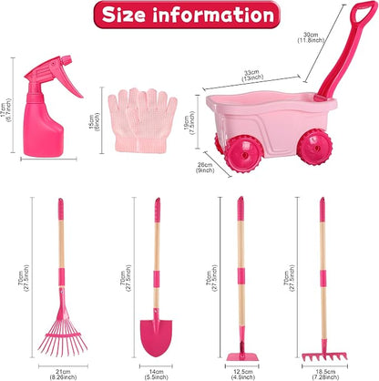Kids Gardening Tools Set – 7pcs Wheelbarrow Set with Shovel, Rake, Pink | Shovel, Rake, Lawn Digging & Weeding, Summer Outdoor Yard Toy for Age 2 3+, Easter & Birthday Gift for Boys Girls