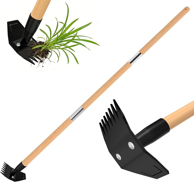 Garden Hoe with Long Bamboo Handle, 2 in 1 Weed Puller Tool&Manual Weed Remover, Weed Rake&Grabber, Gardenia Heavy Duty Uprooting Tool for Yard, Lawn and Garden, 49Inch ﻿