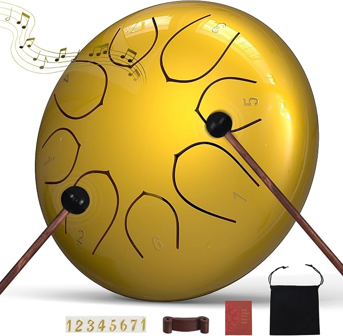 Rain Drum for Outside Garden, 6 Inches 8 Notes Steel Tongue Drums, Waterproof Meditation Rain Chime, Musical Instruments for Adult Gift with Bag, Music Book, Mallets (Gold)