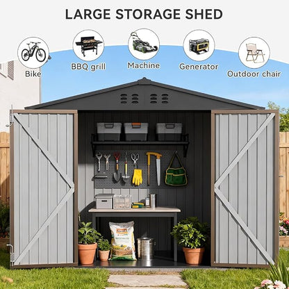 COMHOMA Shed Storage Outdoor Metal Windowed Lockable Weatherproof Ventilated Backyard Garden Utility Workshop(Brown,8'*6')