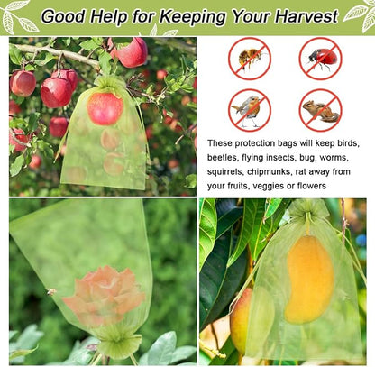 100pcs Fruit Protection Bags 8x12 inch, Green Netting Cover Bags Drawstring Mesh Fruit Protectors Pest Barrier for Grapes Mango Trees Veggies Garden