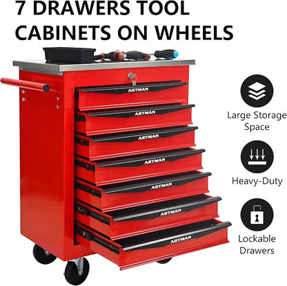 KEIKI 7 Drawers Tool Cart on Wheels,Multifunctional Rolling Tool Chest Tool Storage,Drawers Rolling Tool Trolley Organizer Tool Case for Garage, Warehouse, Workshop, Repair Shop (Red)