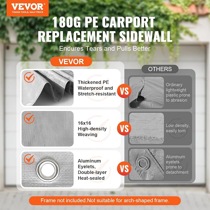 VEVOR Carport Replacement Canopy Cover Side Wall 13 x 20 ft, Garage Tent Shelter Tarp Heavy-Duty Waterproof & UV Protected, Easy Installation with Ball Bungees,Grey (Top and Frame Not Included)