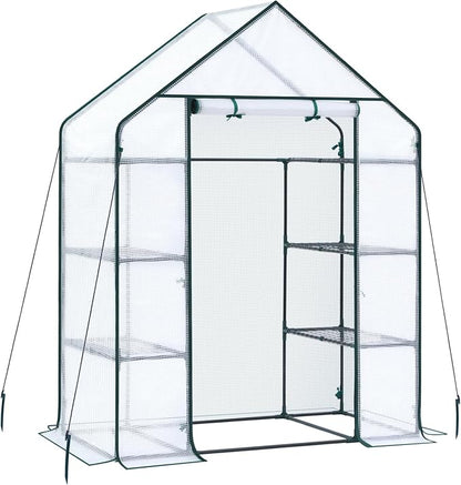 Ohuhu Small Greenhouse for Outdoors: 4 Tiers 6 Shelves Walk-in Indoor Green House Heavy Duty Plant Stands Reinforced Plastic PE Cover Mini Portable Warm House for Outside, 4.8x2.5x6.4 FT White