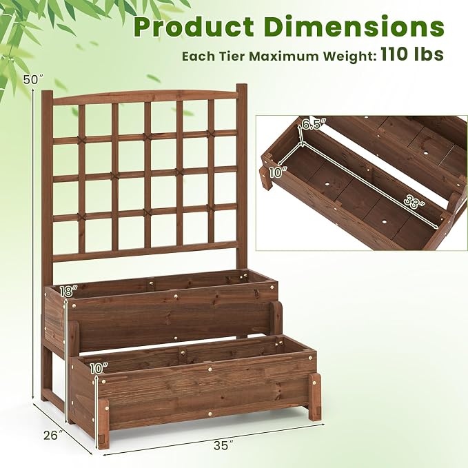DREAMADE Fir Wood Raised Garden Bed with Trellis, 2-Tier Wooden Elevated Planter Box w/Drainage System, Garden Trellis for Flower, Vegetable, Fruit & Herb (2)