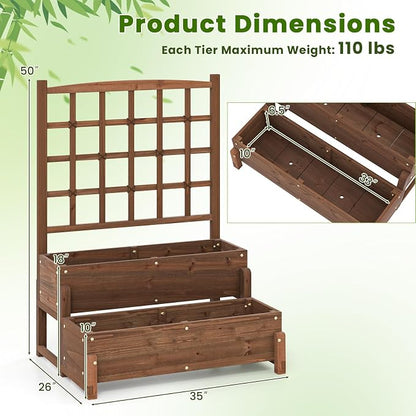 DREAMADE Fir Wood Raised Garden Bed with Trellis, 2-Tier Wooden Elevated Planter Box w/Drainage System, Garden Trellis for Flower, Vegetable, Fruit & Herb (2)