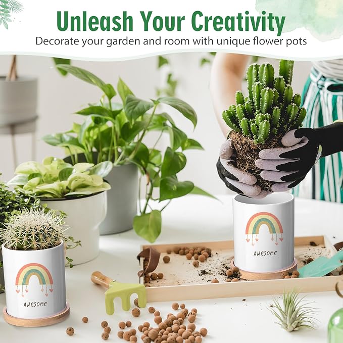 Teenyyou 10 Pcs Sublimation Flower Pot Blanks Mini 3.2 in Garden Ceramic Succulent Planter Pot with Bamboo Tray with Drainage Hole Thank You Gifts for Employee Appreciation Plant Lover